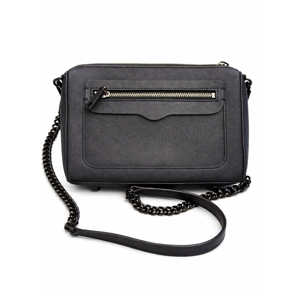 Rebecca Minkoff Avery Crossbody Bag Black Saffiano Leather Gunmetal Chain OS